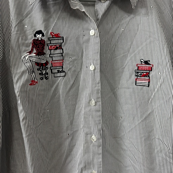 Allison Daley Women's Embroidered Black & White Striped Button-Up Shirt - Picture 4 of 10